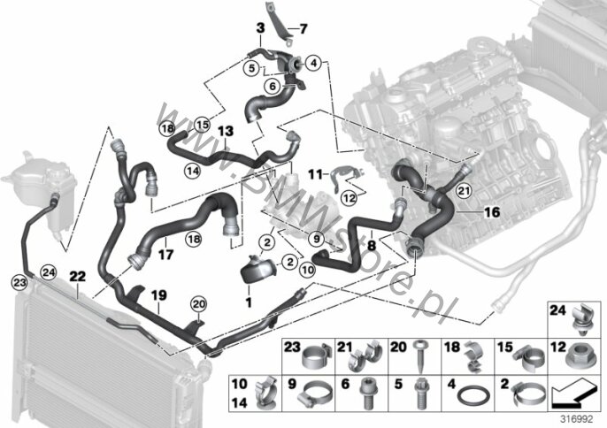 Węże płynu chłodzącego układu chłodzenia BMW 3' E90 318i