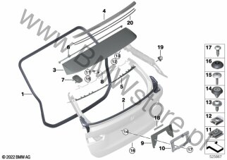 Spoiler dachowy zagruntowany (51 62 7889547) na diagramie Elem. dod. tylnej klapy dla BMW 3' G81 M3 Touring M3 Comp. M xDrive Touring S58T ECE
