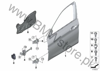 Drzwi przednie lewe (41 00 7477089) na diagramie Drzwi przednie, zawias/hamulec