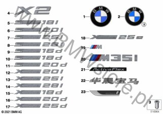 Emblemat (51 14 8090642) na diagramie Emblematy / Ciągi napisów dla BMW X2 F39 X2 M35iX SAC ECE