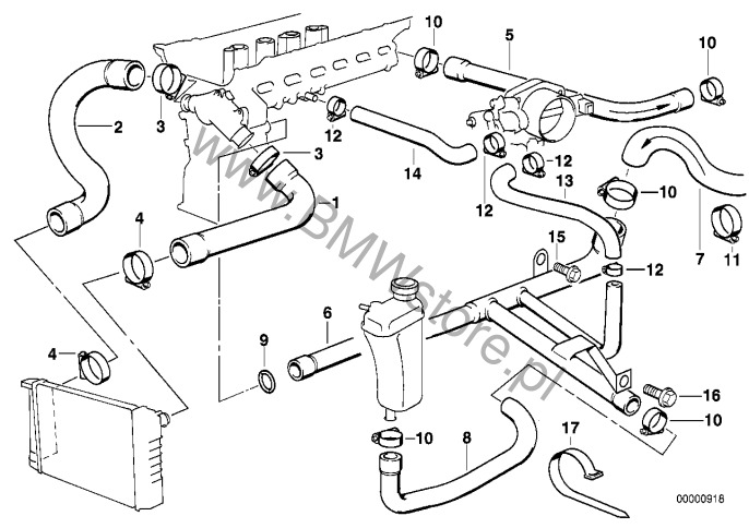 Prowadzenie węży wody ukł. chłodn. BMW 3' E36 328i Coupé
